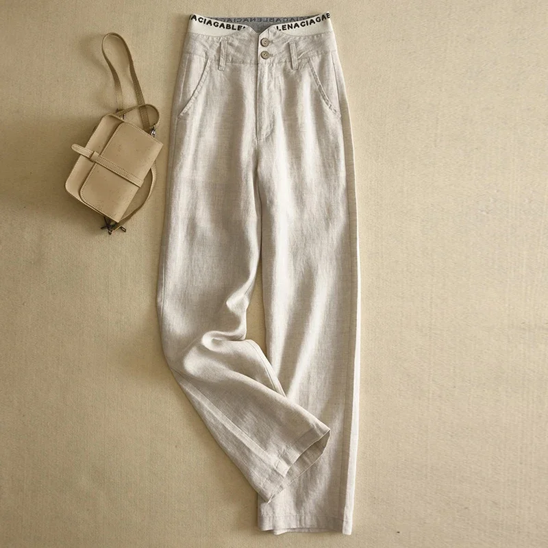 

Cotton linen wide-legged pants female large size new Korean fashion elegant design sense high waist draped casual LJ182