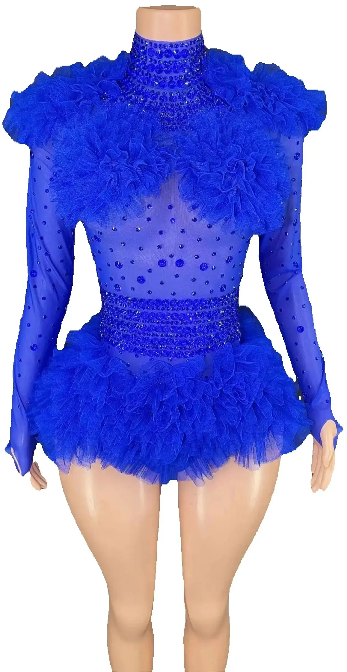 

ZD STOCK Cross-border rhinestone mesh sexy perspective stage costume nightclub bar tight celebrity performance jumpsuit