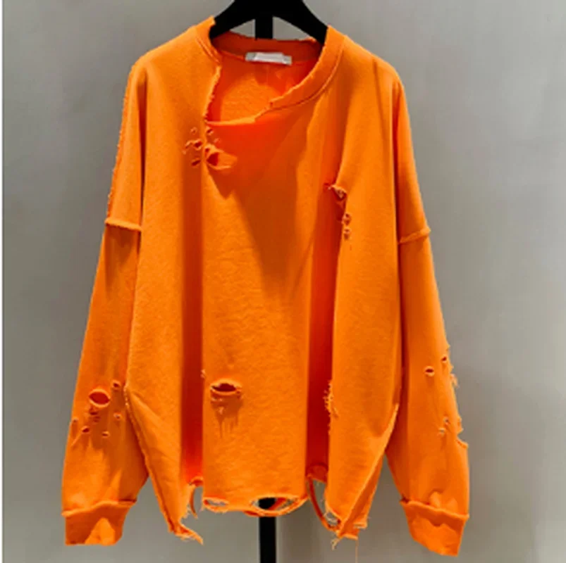 

Ripped Sweatshirt Loose Round Neck Mid-length Women's Sweatshirt O-neck Long-sleeved Korean Pullover Women 2023 Fashion Clothing