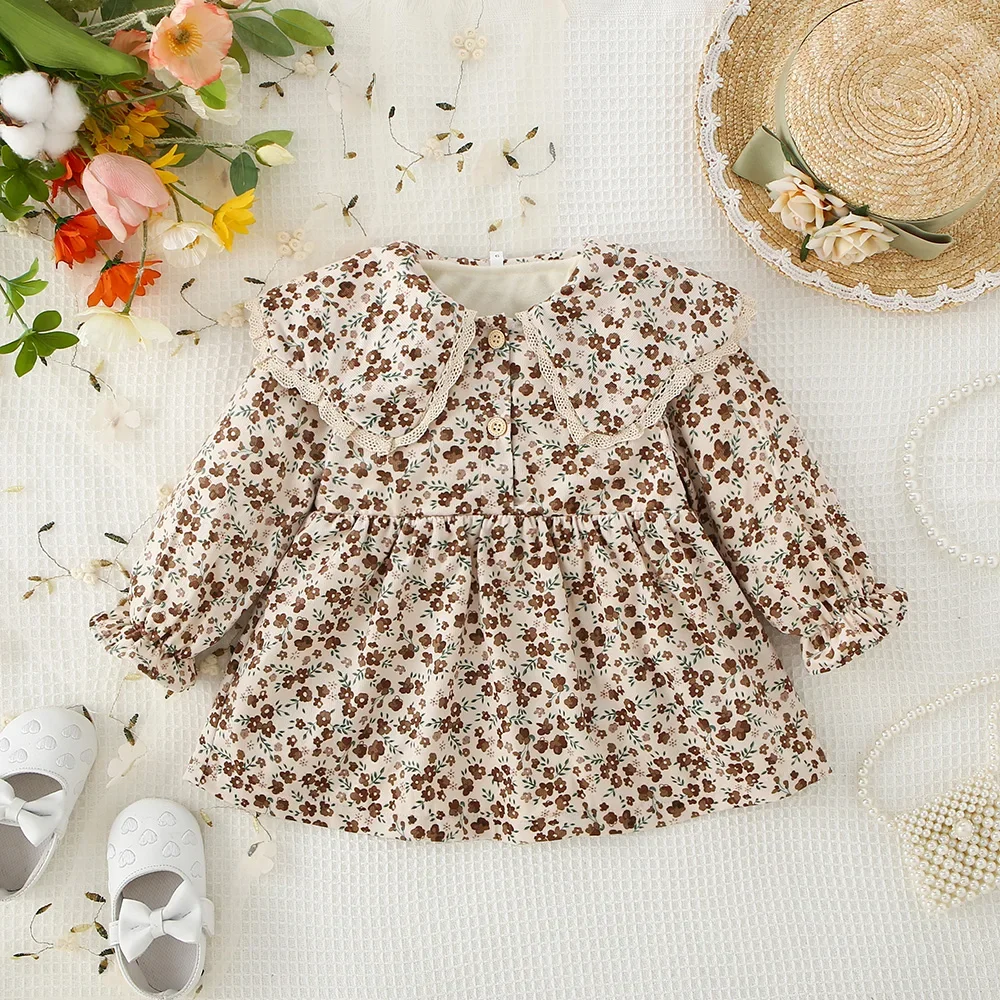 Autumn/Winter Girls\' Forest style floral long sleeved dress with lace petal collar Korean version plush children\'s skirt