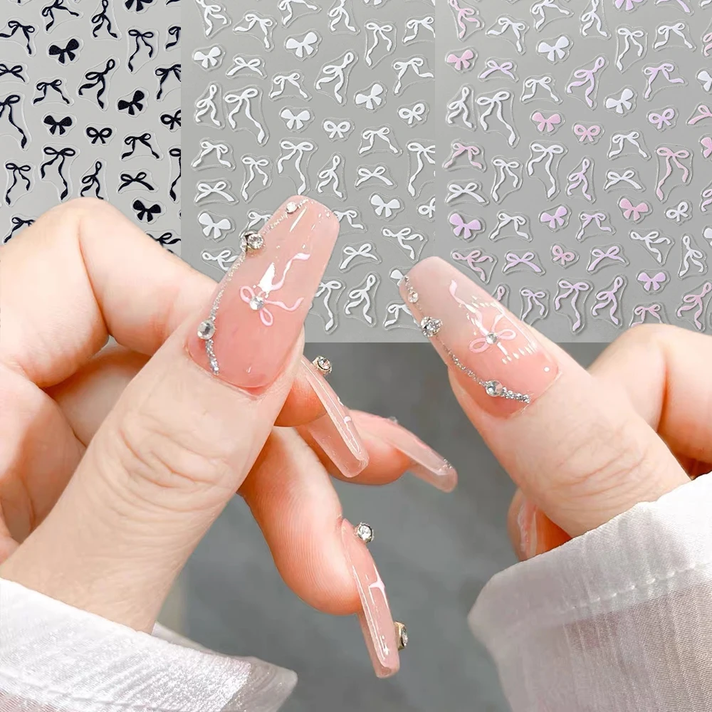 Kawaii 5D Sweet Bow Nail Stickers Pink Black White Long Ribbon Bowknot Self Adhesive Nail Art Stickers DIY Manicure Decor Decals