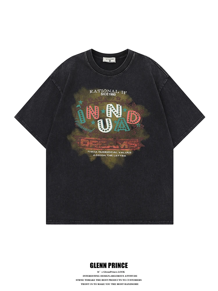 

Washed Cotton Short Sleeve T-Shirt Men's Summer Heavyweight Graffiti Letter Print Casual Loose Fit round Neck Tee