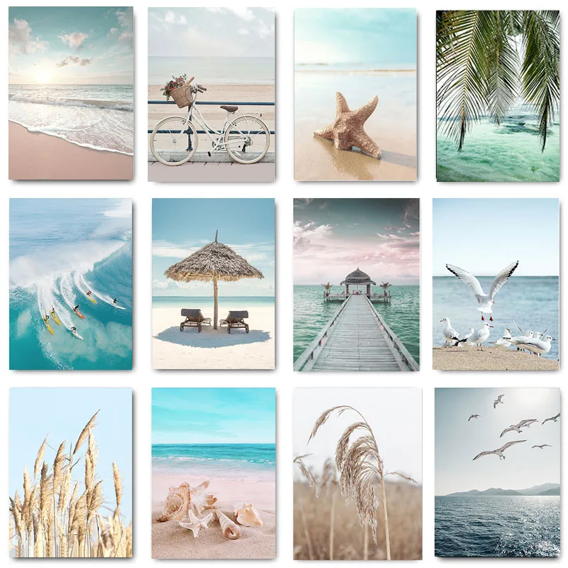 1pc framless Canvas Painting Beach Sea Ocean Poster Canvas Painting Bridge Leaves Turtle Seagull Wall Art Print Vibrant Summe