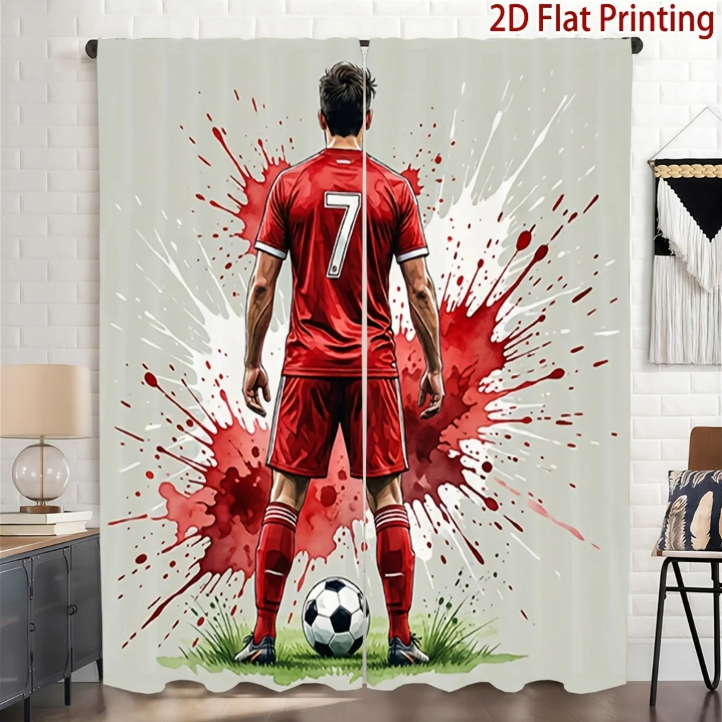2pcs Soccer Player Printed Curtains Soft Light Privacy Protection Pocket Rod Installation Suitable for LivingRoom KitchenBedroom