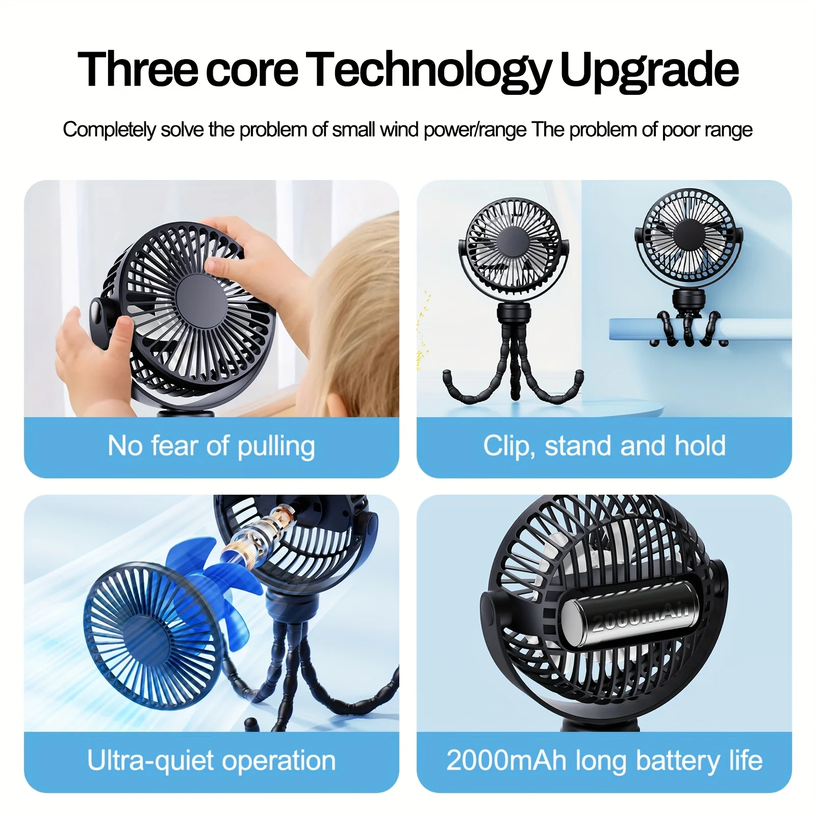 Portable Flexible Tripod Mini Fan 3-Speed Rechargeable Stroller Fan with 360° Rotation Hands-Free Personal Cooling Fan for Baby image 5