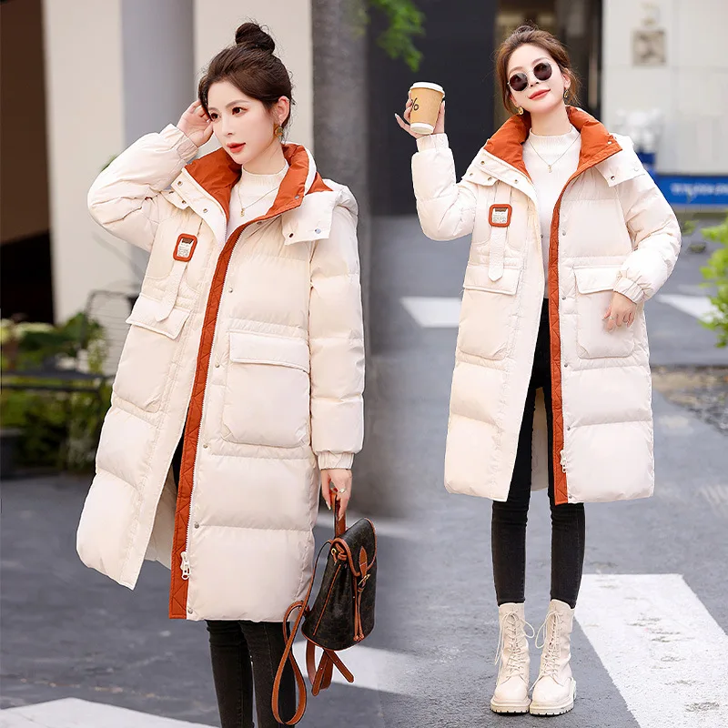 SUSOLA Knee length down jacket for women's Korean version loose and thickened warm 90 white duck down hooded jacket for winter