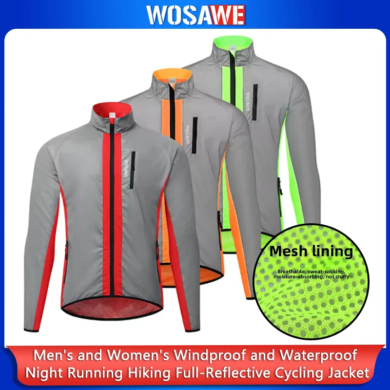 WOSAWE Full Reflective Cycling Jacket Men Women Windproof Night Running Hiking Jacket Water-repellent Bicycle Windbreaker