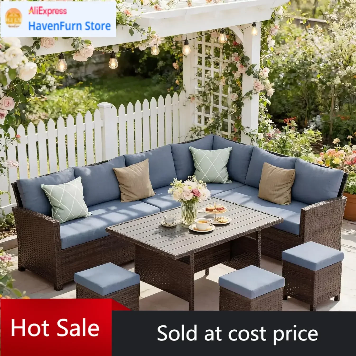 

Акционная цена! Ограниченное предложение! Комплект садовой мебели из 7 предметов, секционный диван из ротанга с высокой изогнутой спинкой, всепогодный, для улицы.