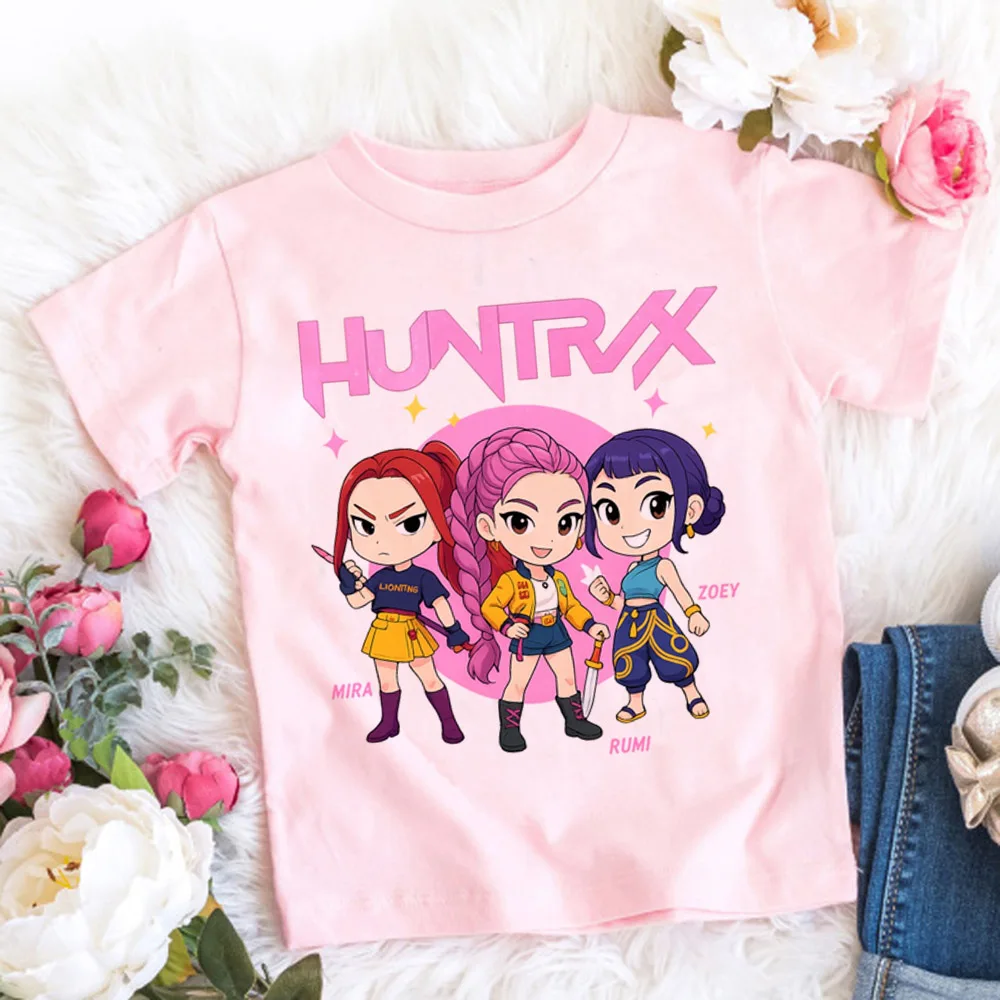 2025 Summer Kpop Demon Hunters T Shirt Kids Cartoon Anime Meme Print Clothes Round Neck Basic Boys Tops Casual Shirts Gift image 4