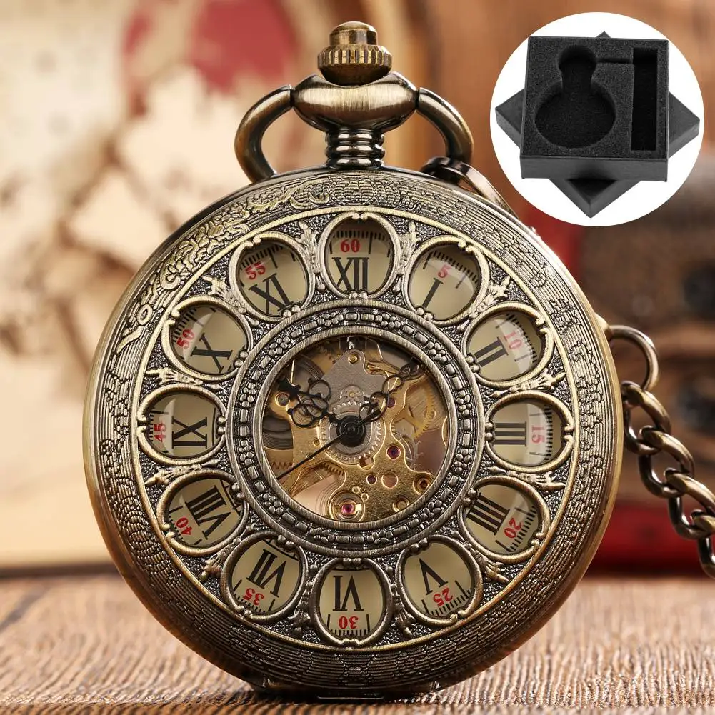 Bronze Hollow Men's Mechanical Hand Winding Pocket Watch Roman Numerals Dial Vintage Fob Chain Pendant Clock Retro Gift