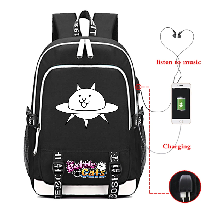 

The Battle Cats Backpack Teenager Students School Bag USB Charging Port Laptop Bag Cartoon Nylon Rucksack Boys Bookbag Mochila