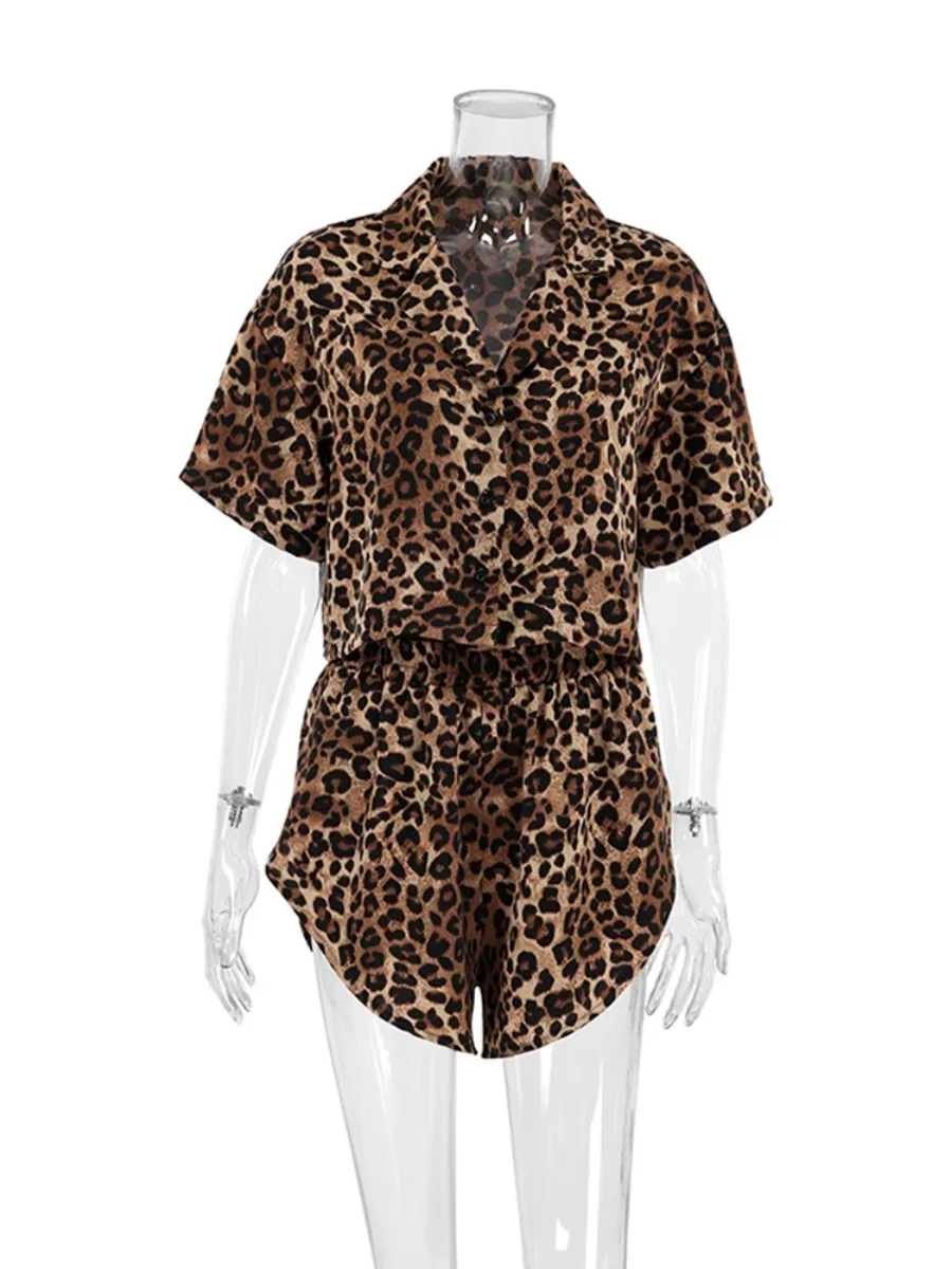 Mozuleva  Women Pajamas 2 Pieces Casual Satin Leopard Print  Summer Short Sleeve Loose Shirts  Fashion Ladies Shorts Nightwear