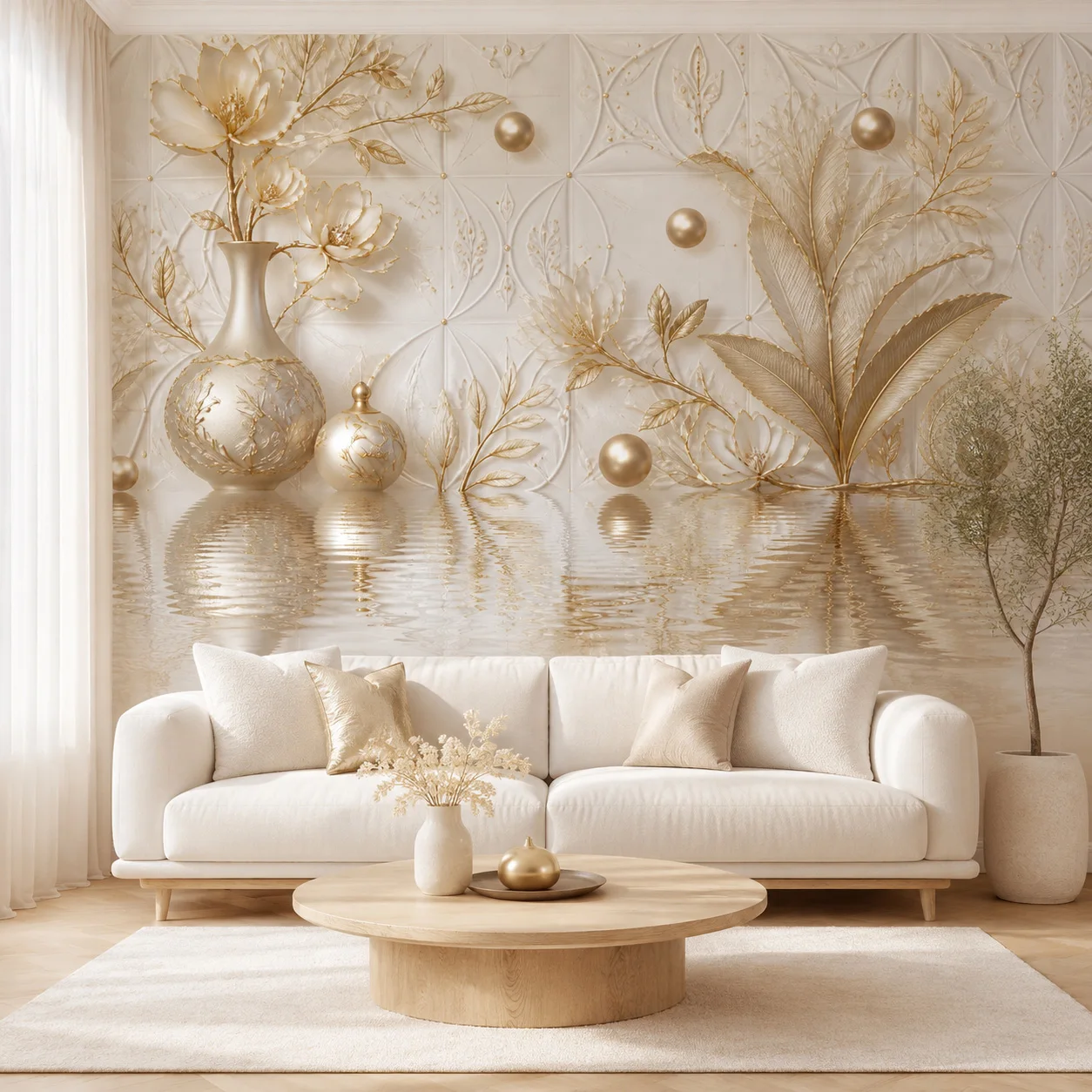 Luxury 3D Gold Floral Vase Wallpaper Mural Cream Botanical Leaves Nordic Living Room Wall Decor Non Self Adhesive Requires Glue