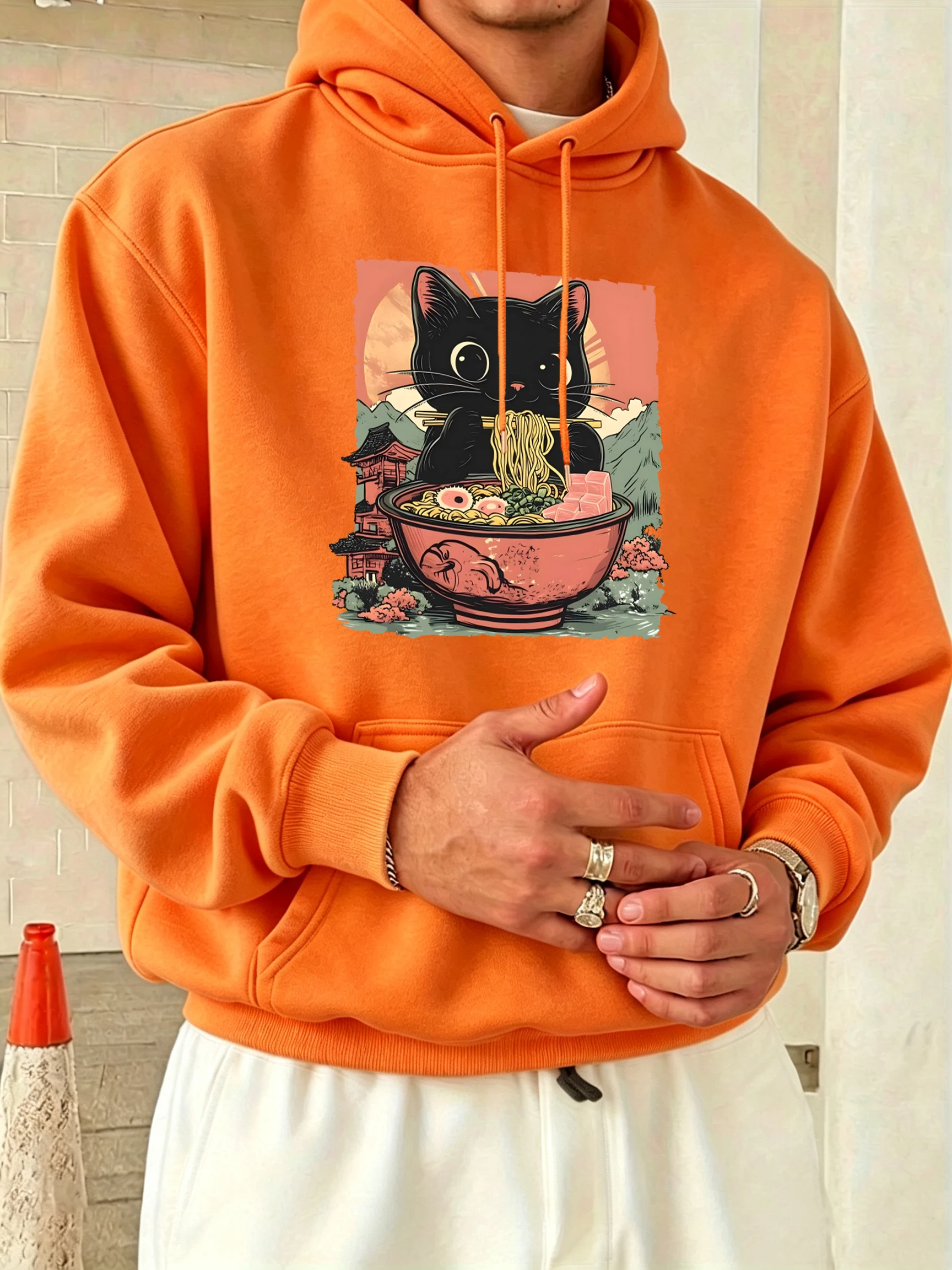 Retro Cats Like To Eat Lamian Noodles Prints Men Pocket Hoodie Casual O-Neck Top Fashion Long Sleeve Fleece Soft Loose Clothing