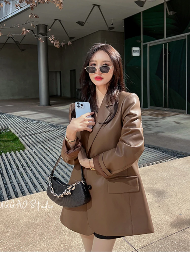 Brown PU Leather Suit Jacket Women Spring Elegant High Quality Black Blazers Mujer Fashion Luxury Loose Causal Outwear Coats New