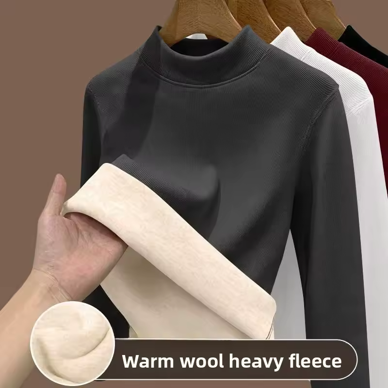 Camiseta feminina de inverno com forro de lã de carneiro e forro térmico de lã grossa, ideal para o outono. Manga longa e confortável. — AliExpress
