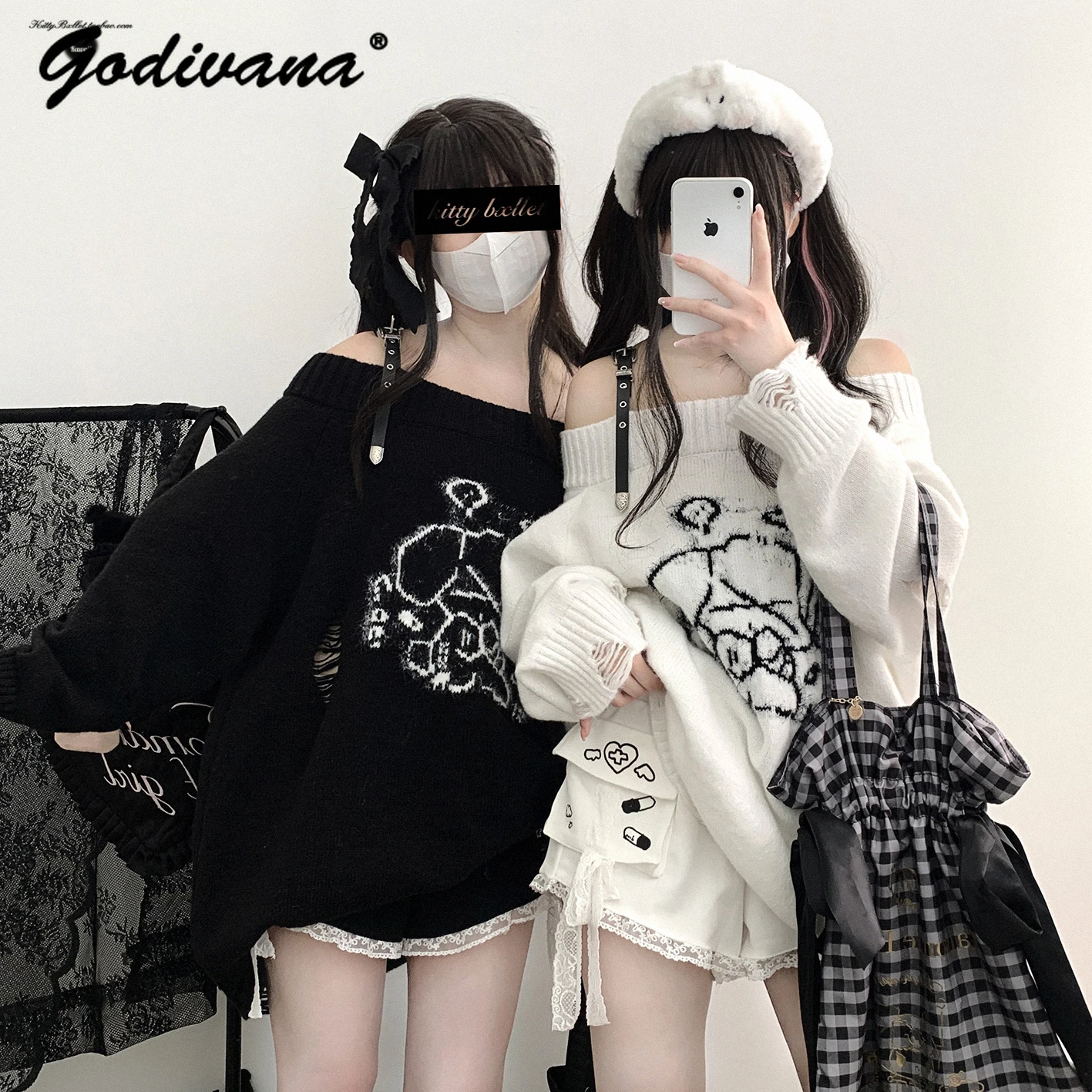 Original Japanese Mine Series Hole Ripped Pullover Knitted Sweater Girl Female Casual Off Shoulder Printed Loose Knitwear Tops