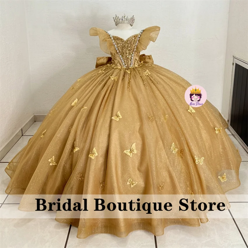 

Glitter Gold Flower Girls Dresses Applique Butterfly Dimoands Beads With Big Bow Sequins Child Birthday Party Gown Customized