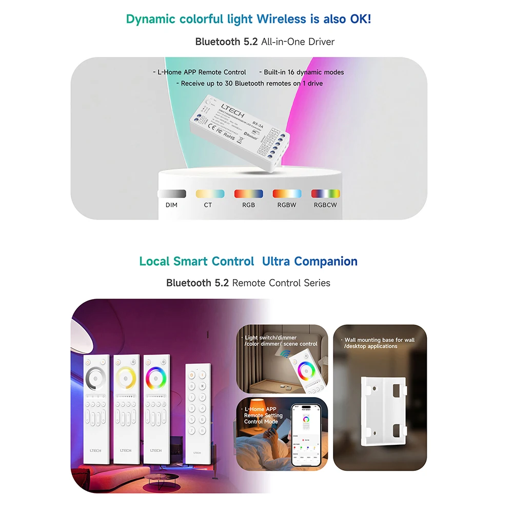 LTECH B1 DC12~24V 4-Zone Touch Remote Control 2In1 Bluetooth 5.2 SIG Mesh Single/Dual Color RGBW RGBCW Controller For LED Strip