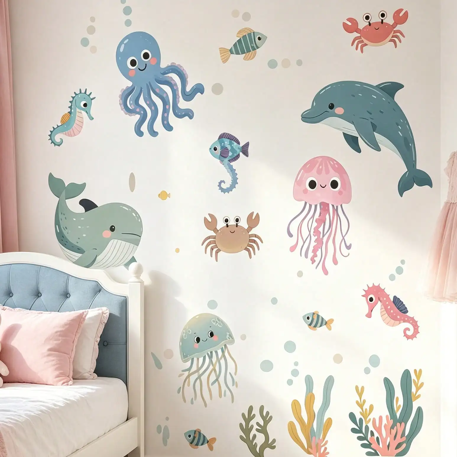 Marine Animal Wall stickers Watercolor Wind Octopus Dolphin Whale Children's Room baby Room Wall Decoration Self-Adhesive Sticke