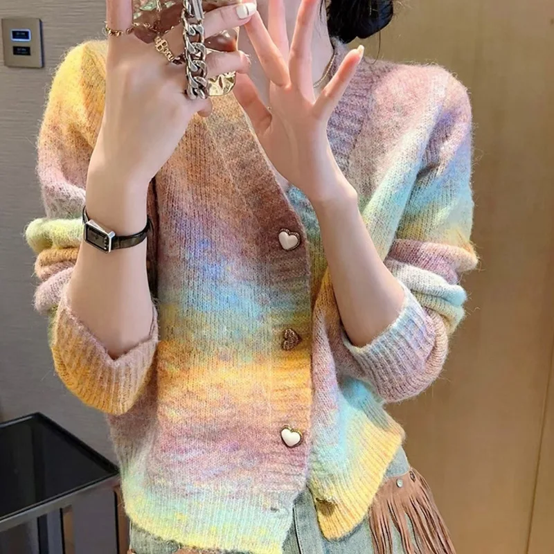 Korejpaa Gradient Candy Color Knitted Cardigan Women 2024 Autumn Winter Korean Style Sweater Jacket Knitwear Sueters De Mujer