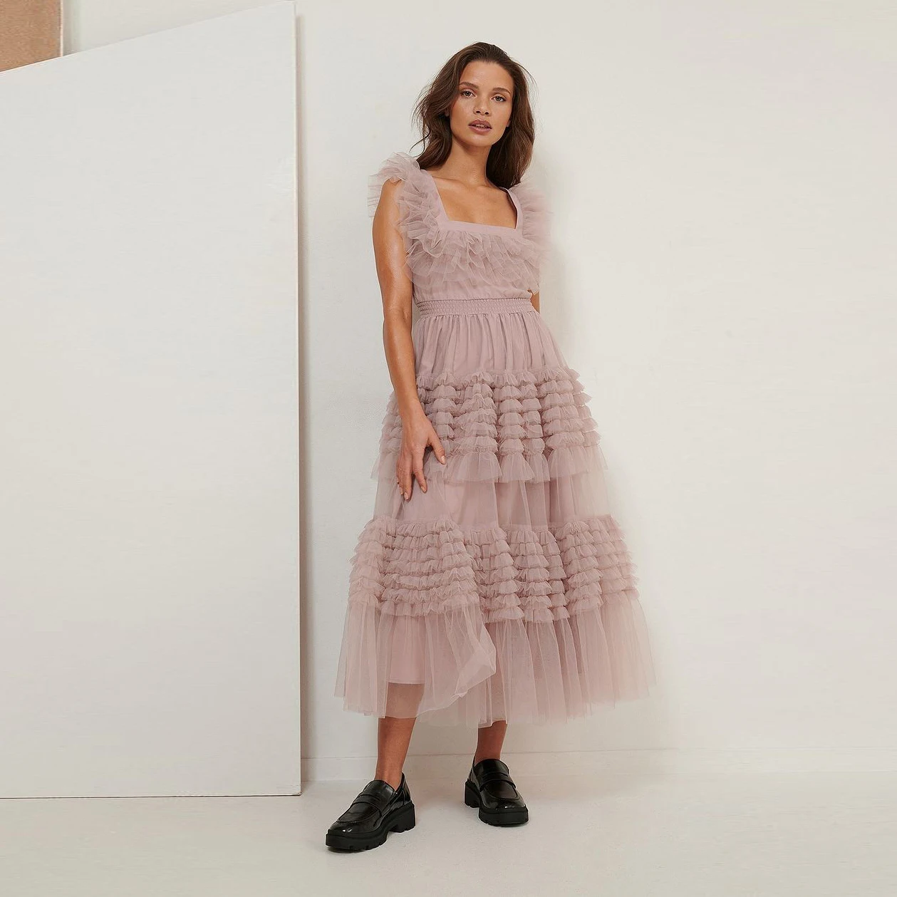 Fashion Dusty Pink Ankle Length Tulle Women Dresses With Stretchy Waist Ruffle-Hem A-line Tulle Female Dress Square Neckline