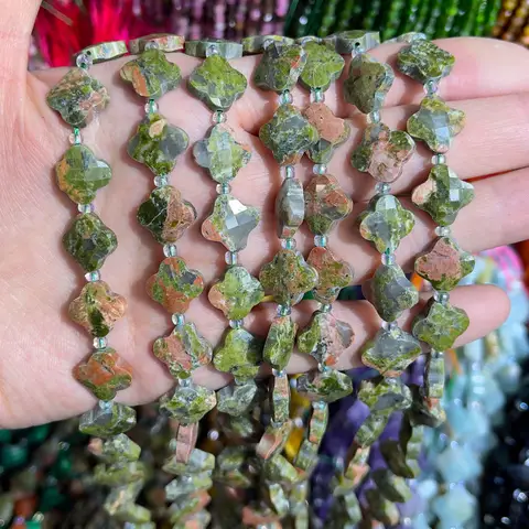 Natural Gemstone Four-leaf Clover Shape Faceted 10 12mm White Quartz Ruby Zoisite GemstoneLoose Beads Wholesale