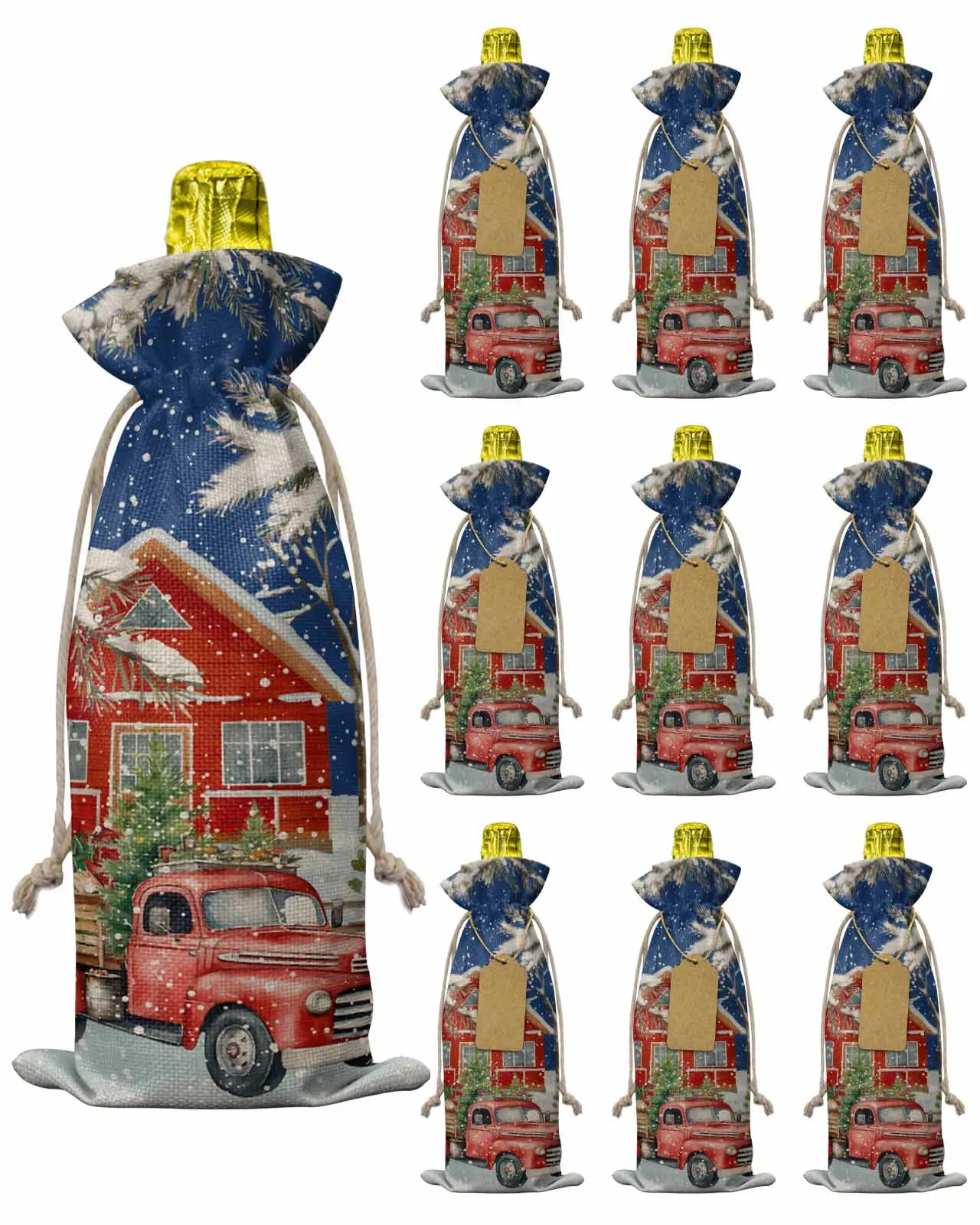 10pcs Truck Snowflake WatercolorWine Bottle Bag with Drawstring Festive Party Decor Wine Bottle Covers Gift