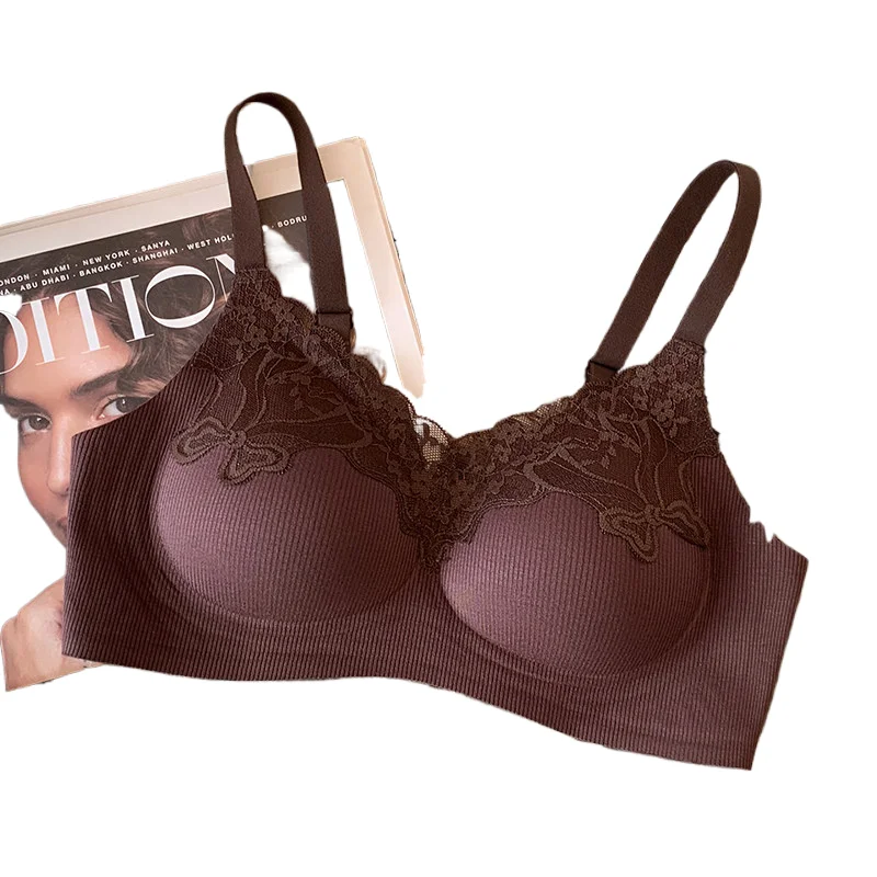 Sujetador Push Up Sin Costuras, Encaje Canalé Sexy, Tira de Gel de Soporte, Anti-Caída para Pechos Pequeños, Transpirable