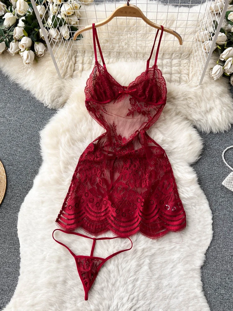 

Women's Wine Red Nightdress Lace Mini Lingerie Nightwear Black Bath Robe Gown Nightdress Sexy Exotic V-neck Nightgown Home Dress
