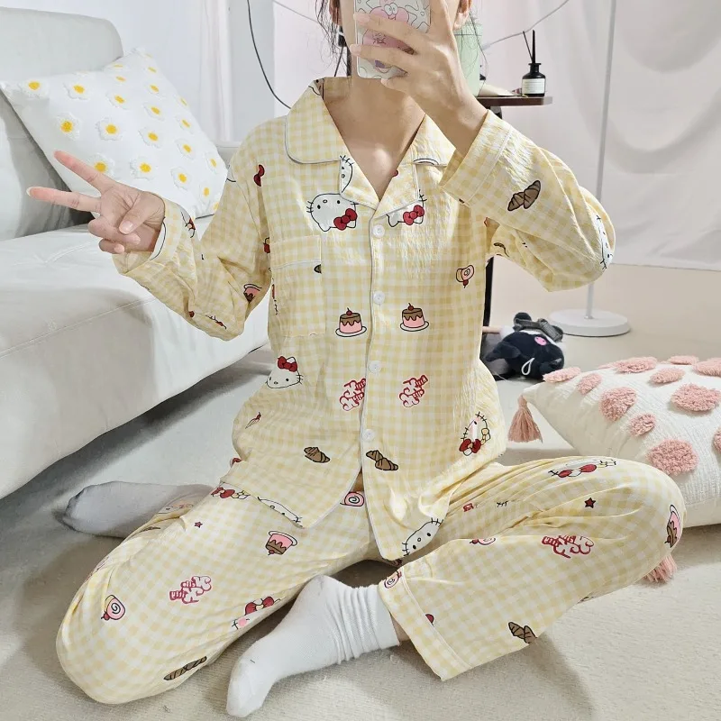 Hello Kitty Pajamas Spring Long Sleeve Set Cartoon Casual Sanrio Pajamas Female Yellow Checked Hello Kitty Pajamas Set