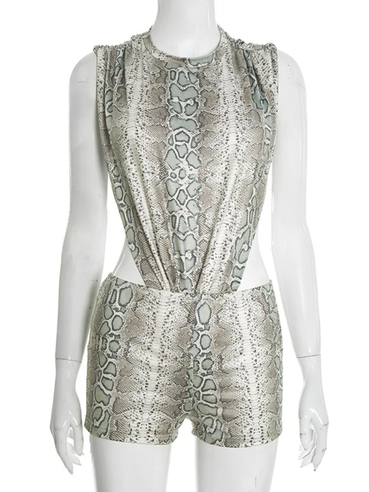 SsTss Snake Print 2 Piece Set for Women Fashion Sexy High Street O Neck Sleeveless Cut Out Side Bodysuit and Skinny Shorts Suits