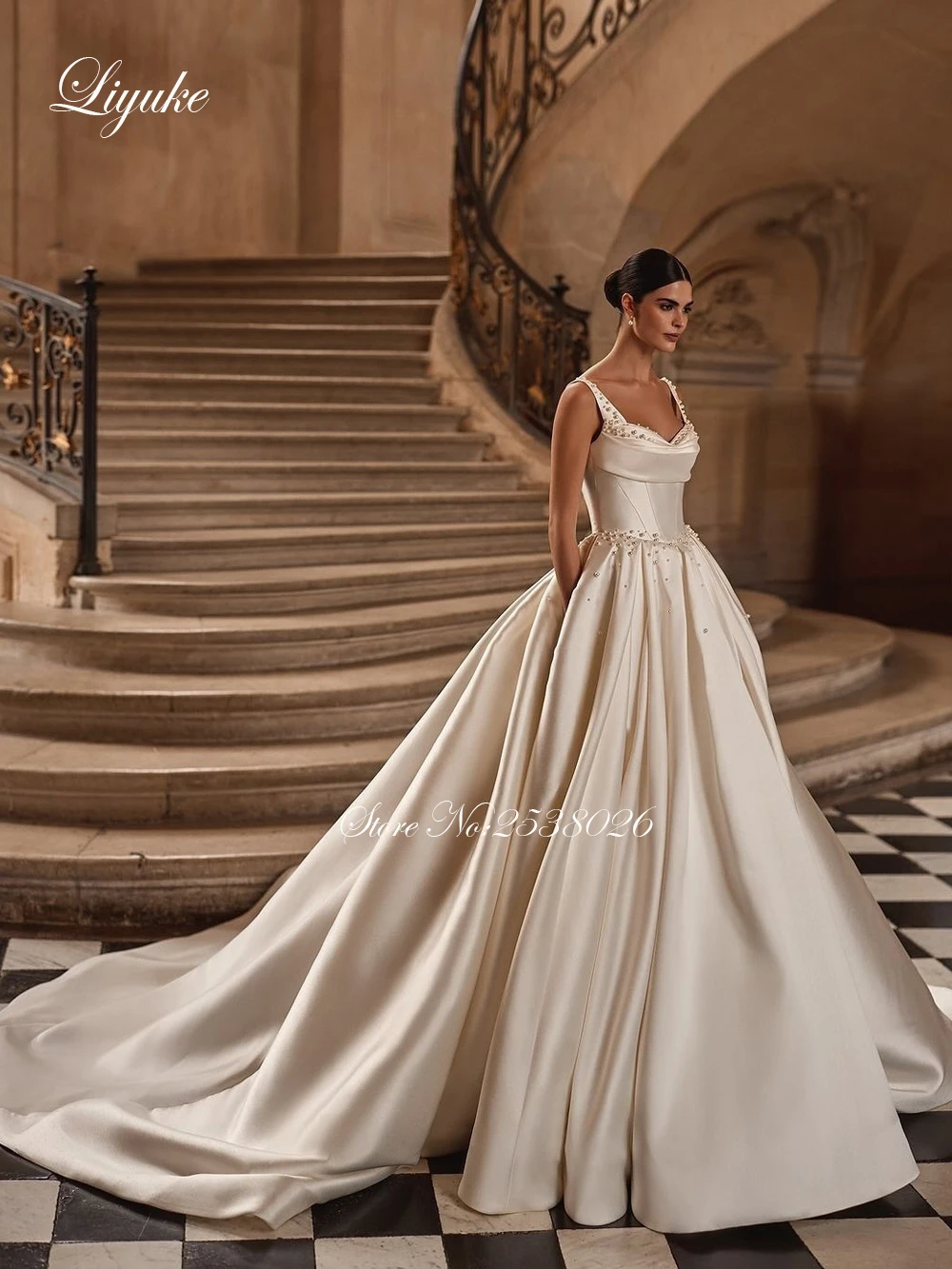 Liyuke Customize Made Luxury Satin Ball Gown Wedding dresses Spaghetti Straps Beading Pearls Elegant Bridal Gowns
