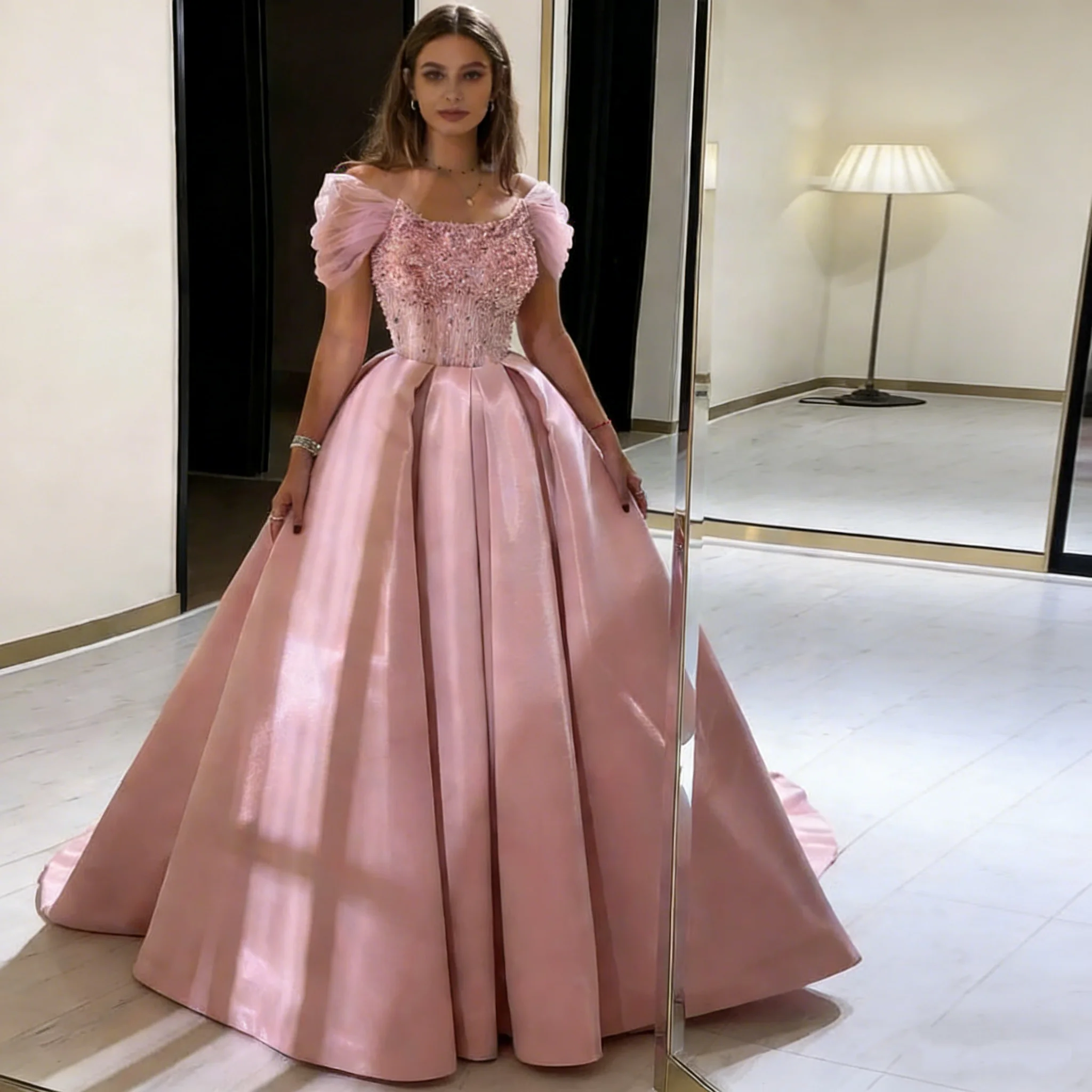 Luxury Sweetheart Pink Ball Dress A-line Off Shoulder Pearl Bead Party Dress Sparkling Formal Women's Evening Dress Custom