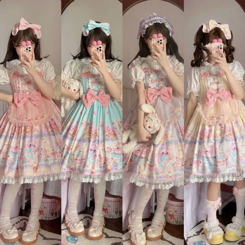 Harajuku Sweet Lolita Style Cartoon Printed Princess Dress Women's Lovely Bowtie Lace Party Strap Dress Girl JSK