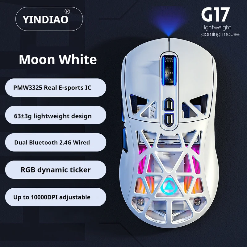 Yindiao G17 Mouse cavo wireless tri-modale leggero Pmw3325 Sensore professionale Ufficio da gioco a lungo raggio di grande capacità