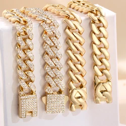 Women Cuban Chain Bracelet HipHop Bling Iced Out Chain Gold Silver Color Rhinestone Paved Chunky Metal Bracelet Men Jewelry Gift