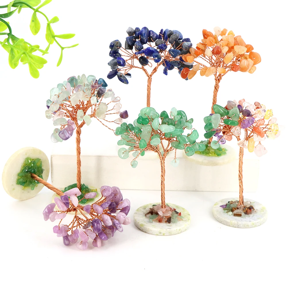 Mini Crystal Money Tree Natural Stones Crafts Gemstone Reiki Chakra Copper Wire Wrapped Trees Plants Feng Shui Home Room Decor