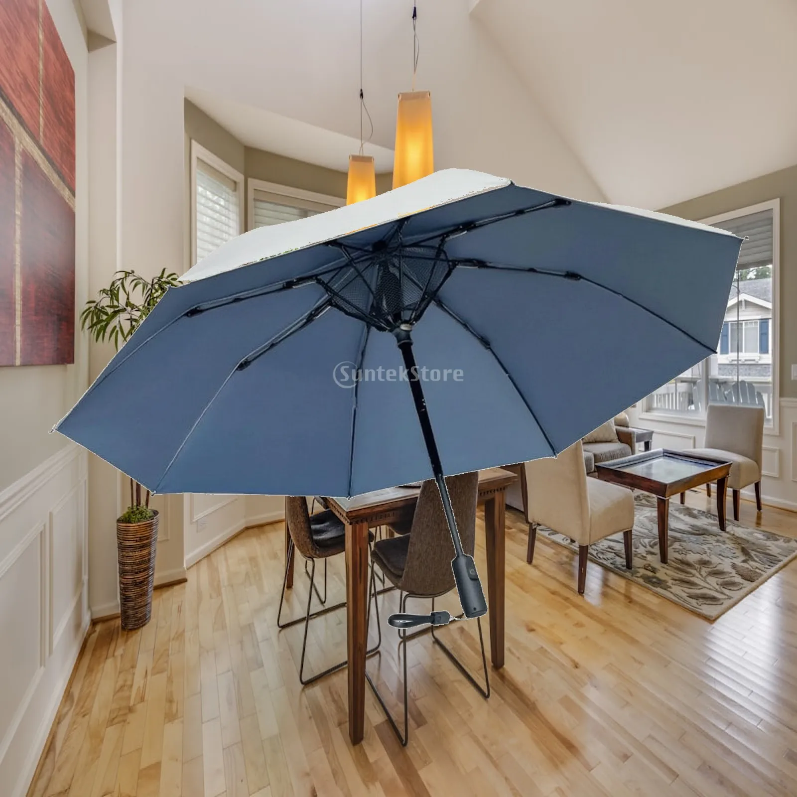 Lightweight Travel Umbrella with Built-in Fan UPF 50 Sun Block Silver Top Dark Blue Bottom Manual Fold Three Section Compact for
