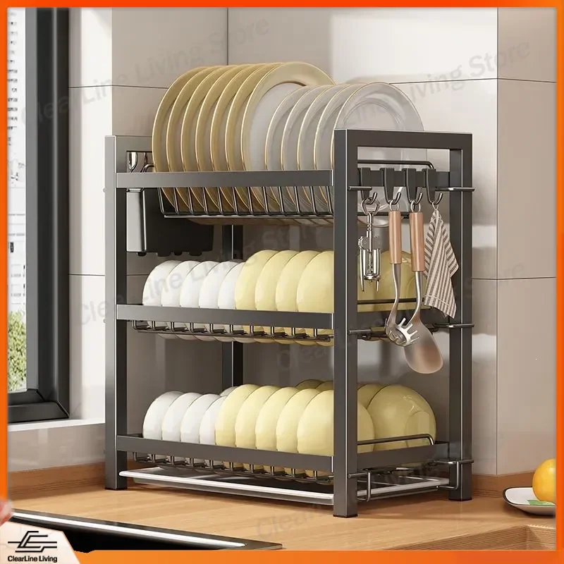 Multifunctional Kitchen Dish Storage Rack with Drain Tray for Plates Cups Utensils Tableware Organizer Shelf for Cabinet
