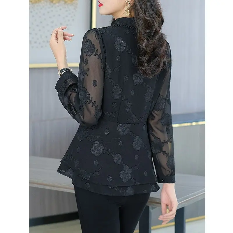 2023 Spring Summer New Oversize Temperament Women's Clothing Printed Long Sleeve Suit Collar Commuter Pullover Chiffon Shirt