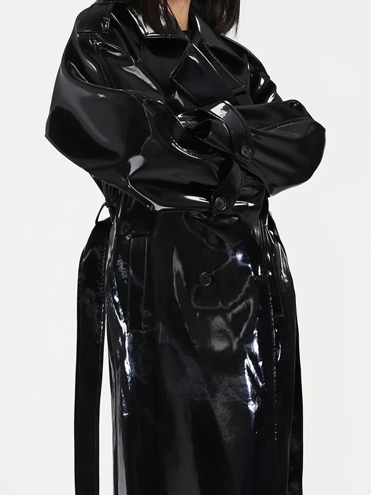 Shiny Patent Leather Turn-Down Collar Trench Coat with Belt for Women, Gothic Faux Latex, PU Long Sleeve Overcoat, Winter Custom