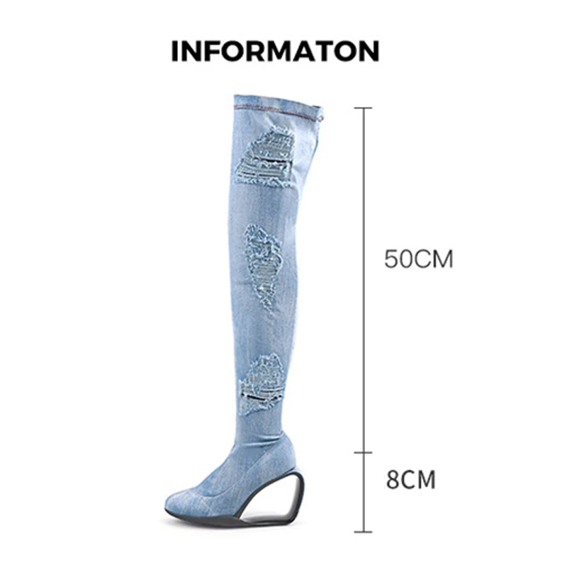 Blue denim pointed toe 8cm high strange heels club slip-on autumn winter keep warm sexy women over the knee boots HL565 MUYISEXI