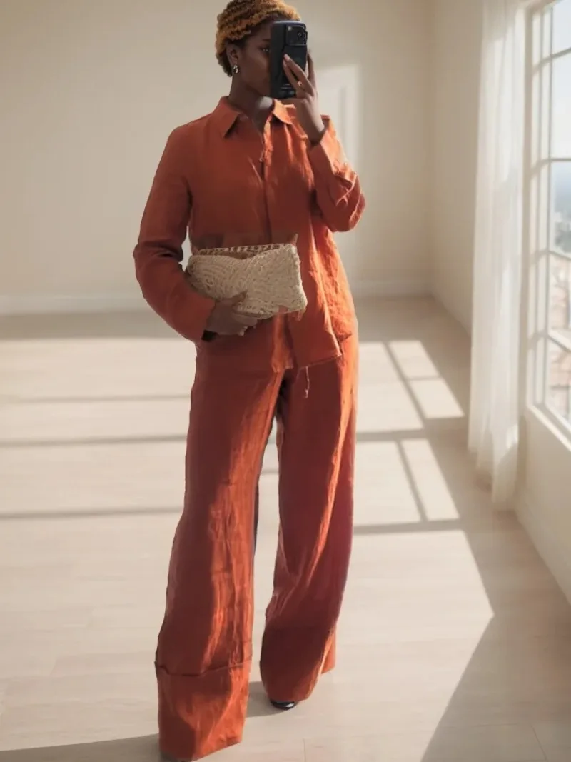 

Women's Fashion Casual Linen Shirt Tops Wide Leg Mid-Waist Casual Pants Women Two-piece Sets Streetwear Women Pants Suit