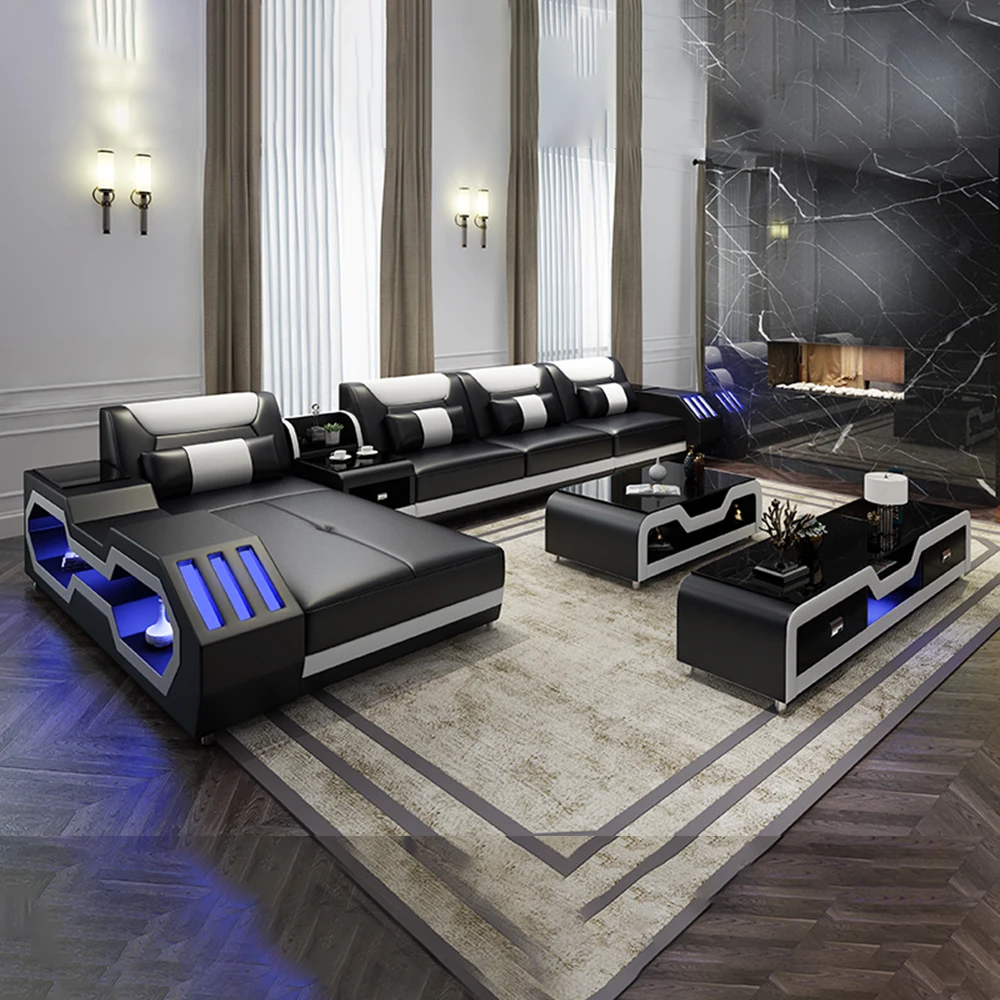 3-Piece Living Room Furniture Set, Modern Genuine Leather L-Shaped Sectional Sofa with Chaise, Headrest, Coffee Table & TV Stand