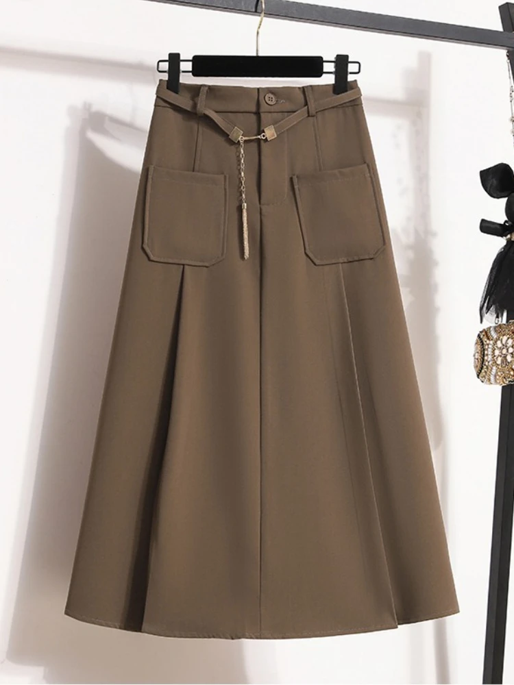 

Women's Autumn Winter New Loose Fashionable Elegant Mid-Length Casual Skirt Solid High Waist Plus Size Suit Skirts with Pockets