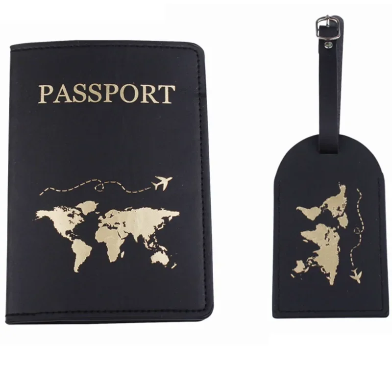 2PCS/set Pu Leather Black Passport Cover Purse Travel Passport Holder Wallet Covers for Passports Luggage Name Tags