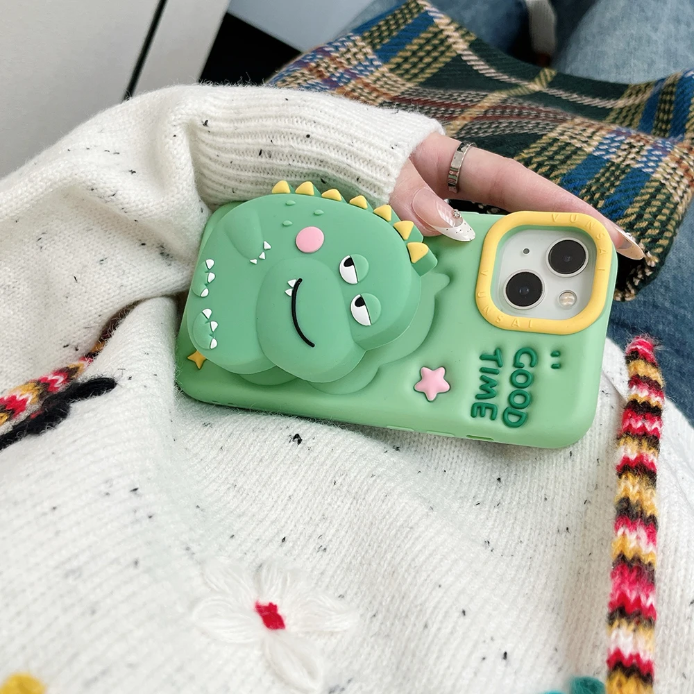 3D Cartoon Dinosaurier Teleskop Halterung Telefon Fall Weiche Silikon Ständer Halter Abdeckung Für iPhone 17 16 Plus 16e 15 14 13 12 Pro Max – Detail 3