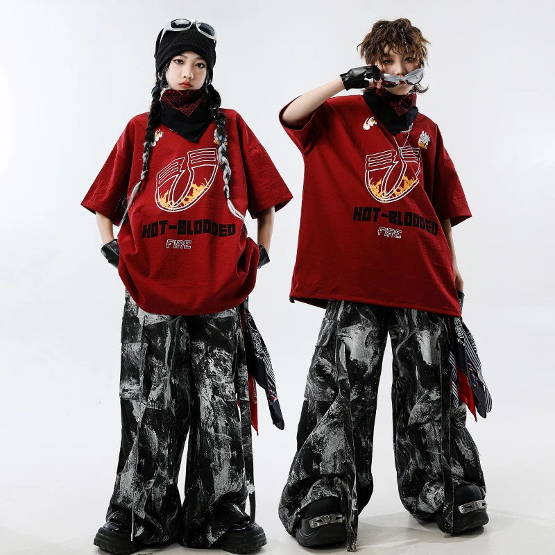 Jongens Straatdansen Set Meisjes Jazzdans Kostuum Hip Hop Outfit Kinderen Prestaties Dans Kleding Rode Tops Cargo Broek XH2616
