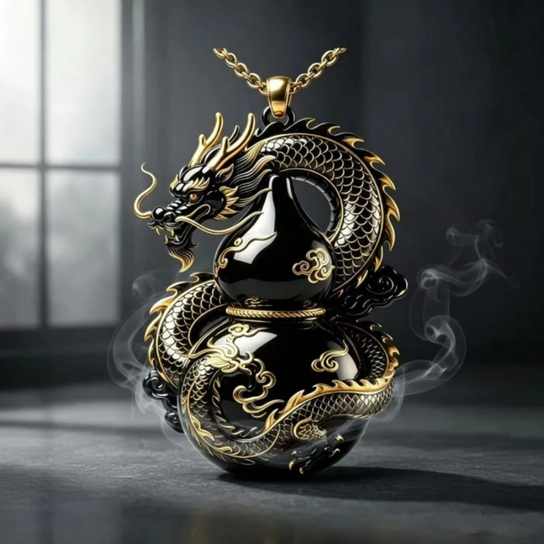 Chinese Style Dragon Gourd Necklace Yulong Fulu Metal Pendant Light Luxury Lucky Protective Jewelry Gift For Daily Wear Party Tr